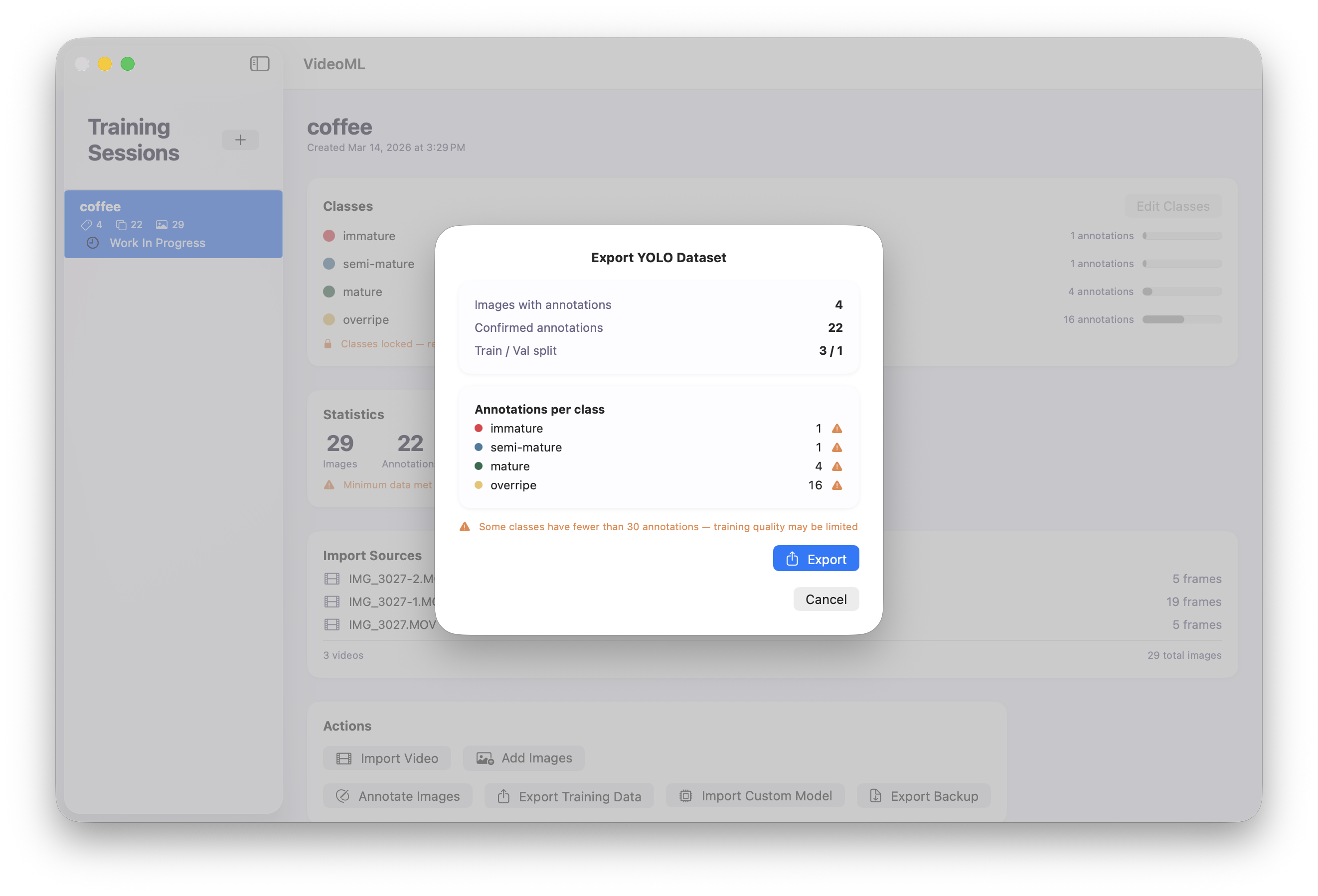 VideoML YOLO dataset export dialog