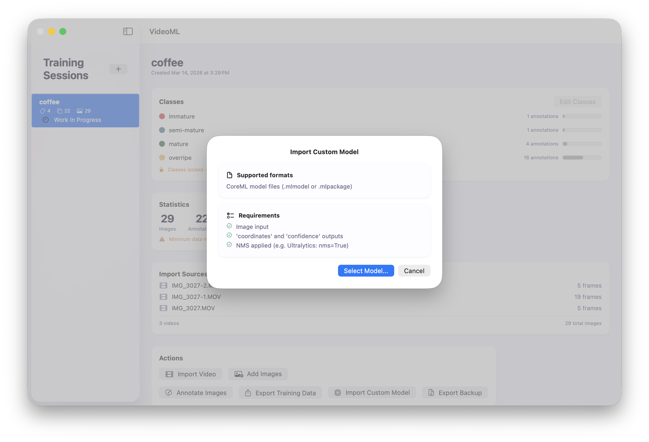 VideoML custom model import dialog